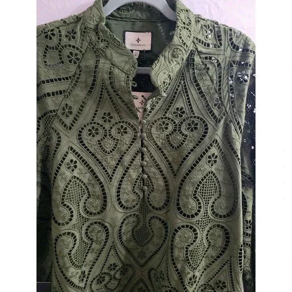 Tuckernuck Maryse Caftan Dress XXL Army Green Eyelet Lace NWT $298 Cotton - Picture 3 of 11